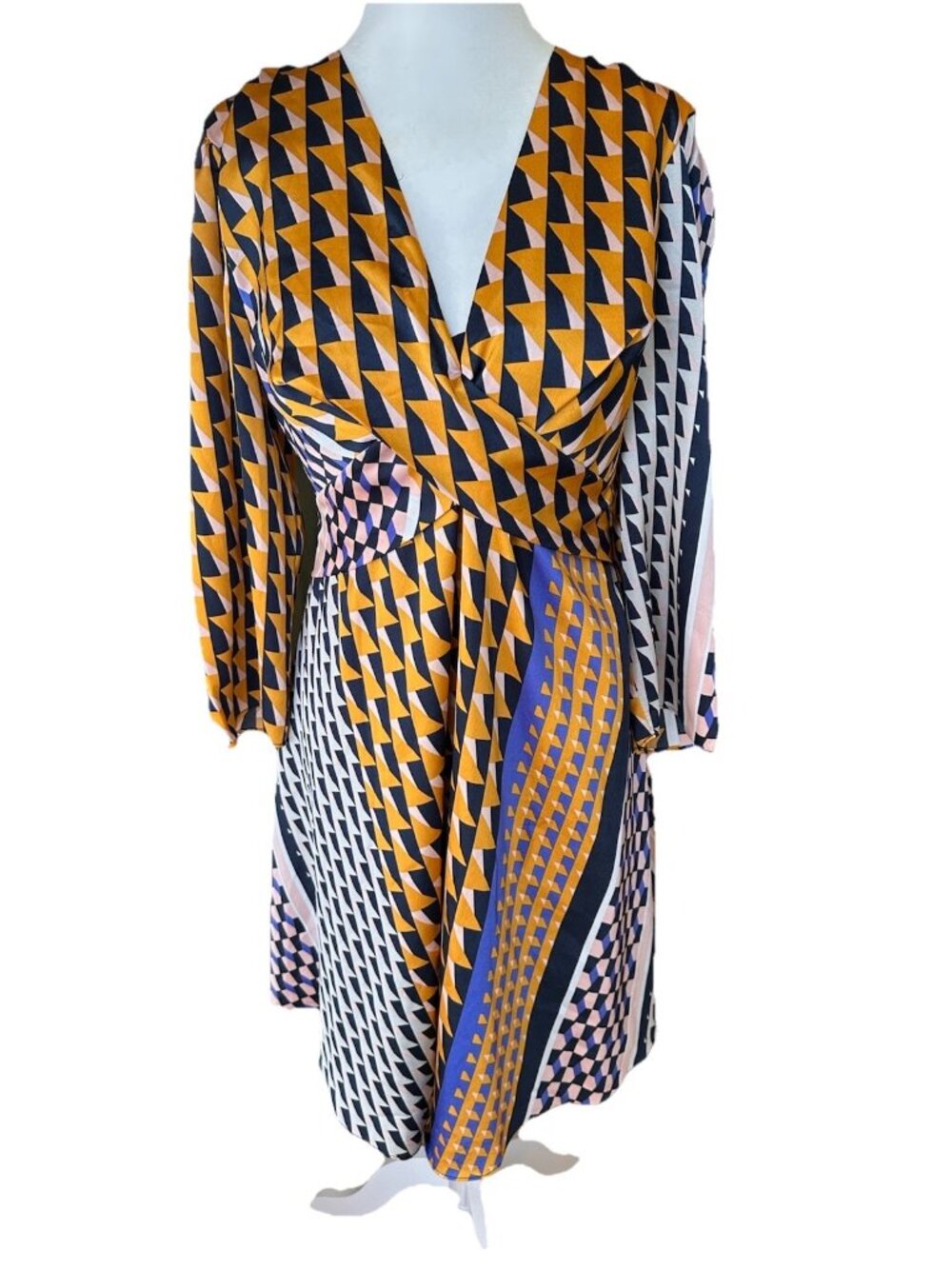 Bar III Multi Color Geometric Print Satin V Neck A-Line MIDI Dress XL